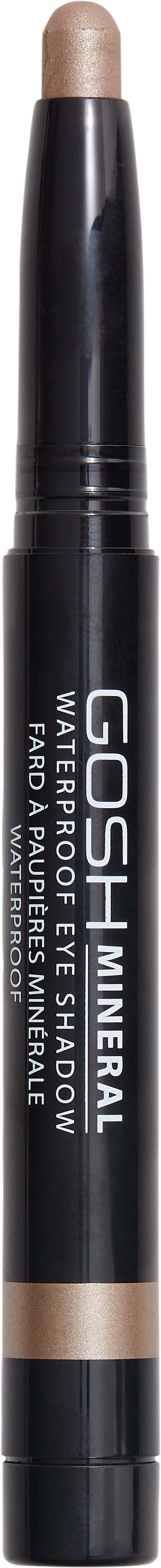 Ett svart kosmetiskt liknande verktyg med ljusbeige spets, märkt GOSH Mineral Waterproof Eyeliner. Syfte: Ögon.