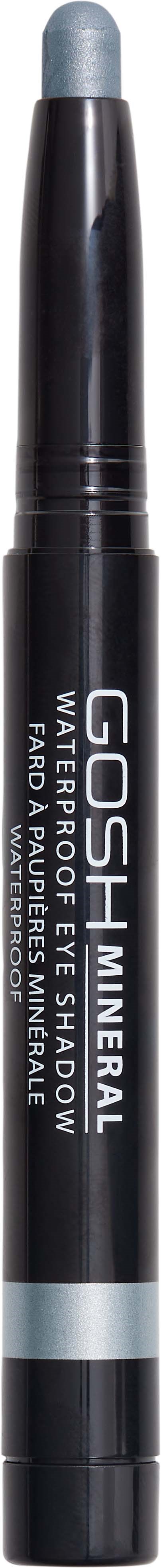 Eyeliner penne med svart och grå färg märkt GOSH Mineral Water Proof Eyeliner Shadow. Den har ett lock och en rundad spets.