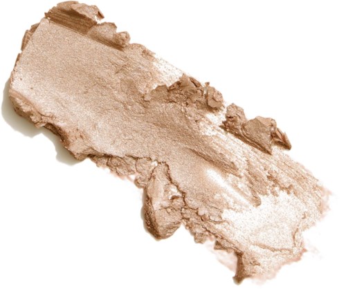 En krossad sminkpalett med beige puder inuti på en vit bakgrund.