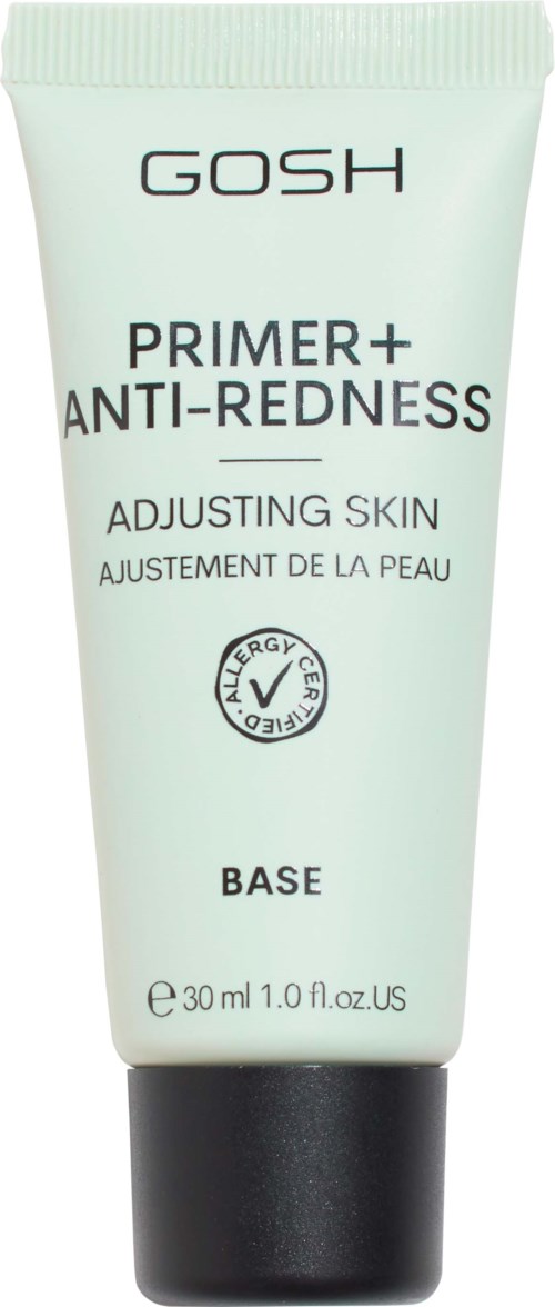 En lys grønn tube med svart hette, merket GOSH Primer+ Anti-Redness for hudjustering, 30 ml.