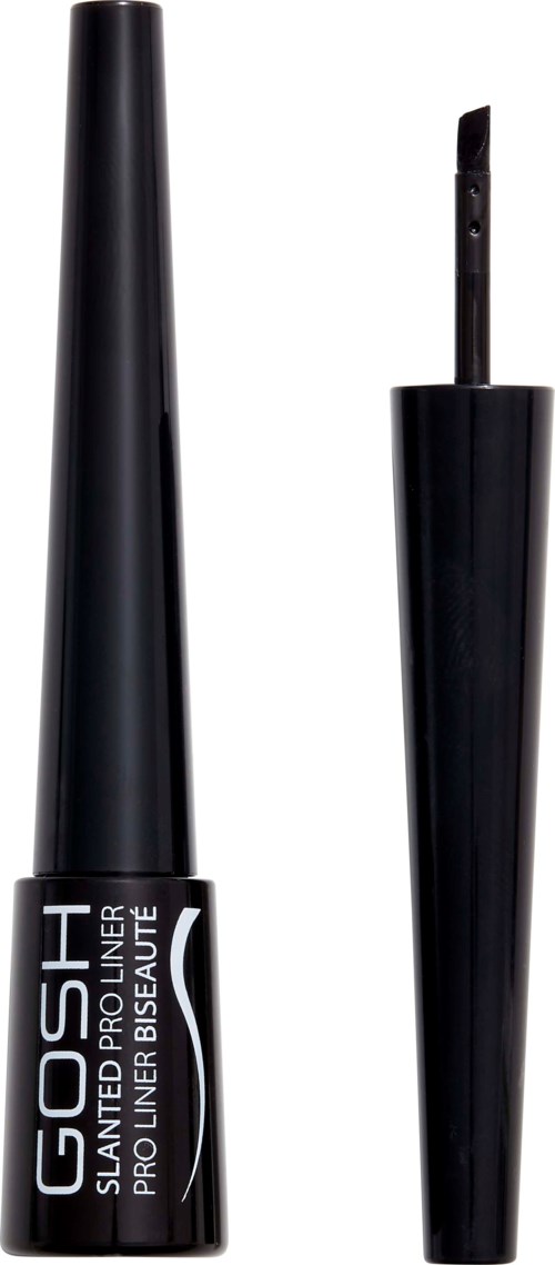 En svart pennaformad behållare med lock och en borste för ögonlinje, märkt 'GOSH' och 'Silicone Pouter' för makeup.