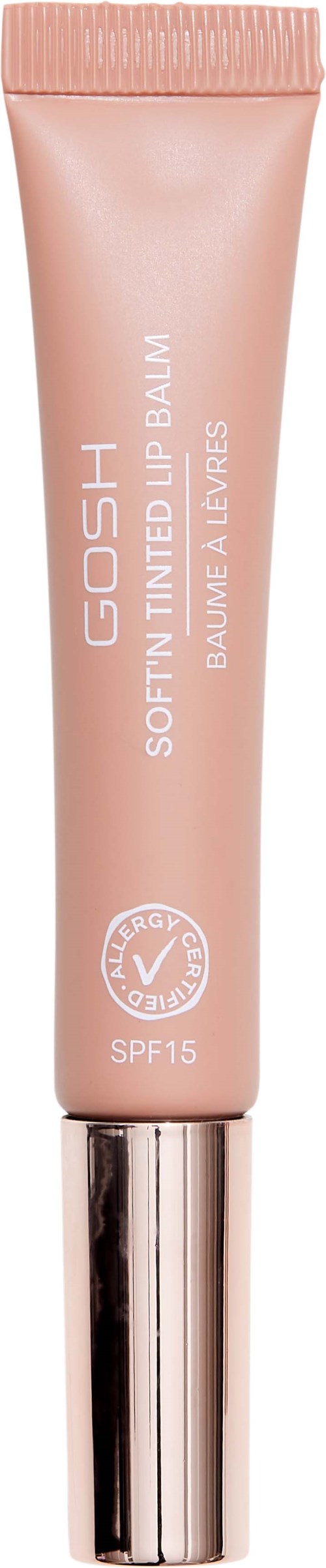Valkoinen ja vaaleanpunainen putki, jossa lukee 'GOSH' ja 'Softening Tinted Balm,' tarjoaa SPF 15 suojan huulille.