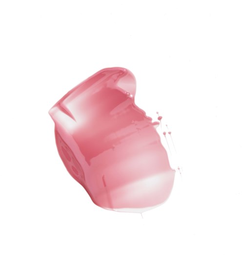 Pinkki objekti kiiltävällä, sileällä pinnalla, muodoltaan pyöreä, abstrakti, valkoisella taustalla maalausipanoita.