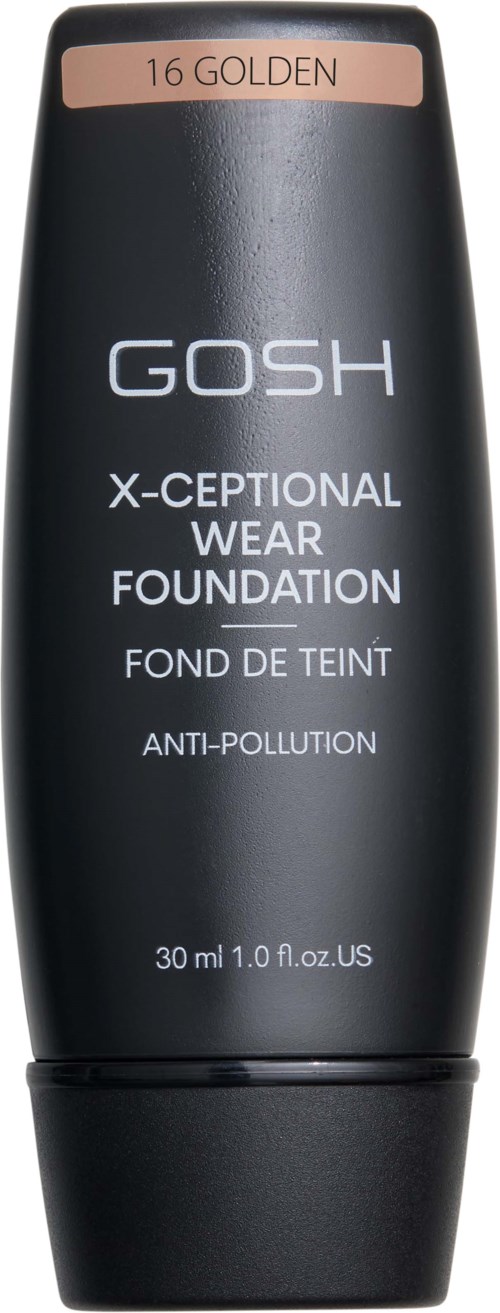 Czarna butelka podkładu z napisem 'GOSH X-CEPTIONAL WEAR FOUNDATION' i etykietą na zakładce w kolorze brzoskwini, czytającą '16 GOLDEN'.