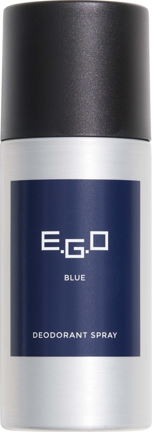 Deodoranttipullo, jonka etiketti lukee 'E.Go Blue', hopea ja tummansininen etiketti, musta kansi.
