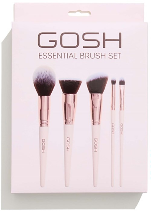Ein Set mit fünf Make-up-Pinseln mit weißen Griffen und rosa Akzenten, gekennzeichnet GOSH, in einer weißen Box.