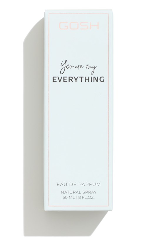 Białe pudełko perfum z delikatnym różowym tekstem i cienką ramką, zawiera frazę "You are my Everything" i szczegóły produktu.