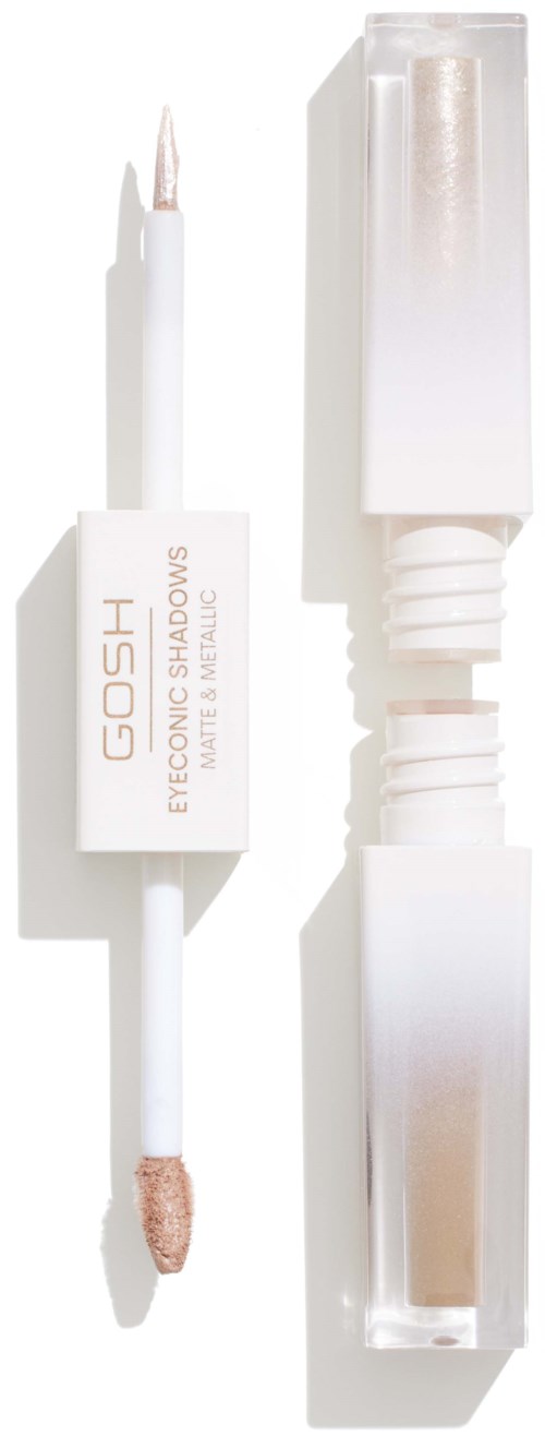 A white lip gloss container with a clear cap and a lip applicator brush inside. The label shows branding and product type.