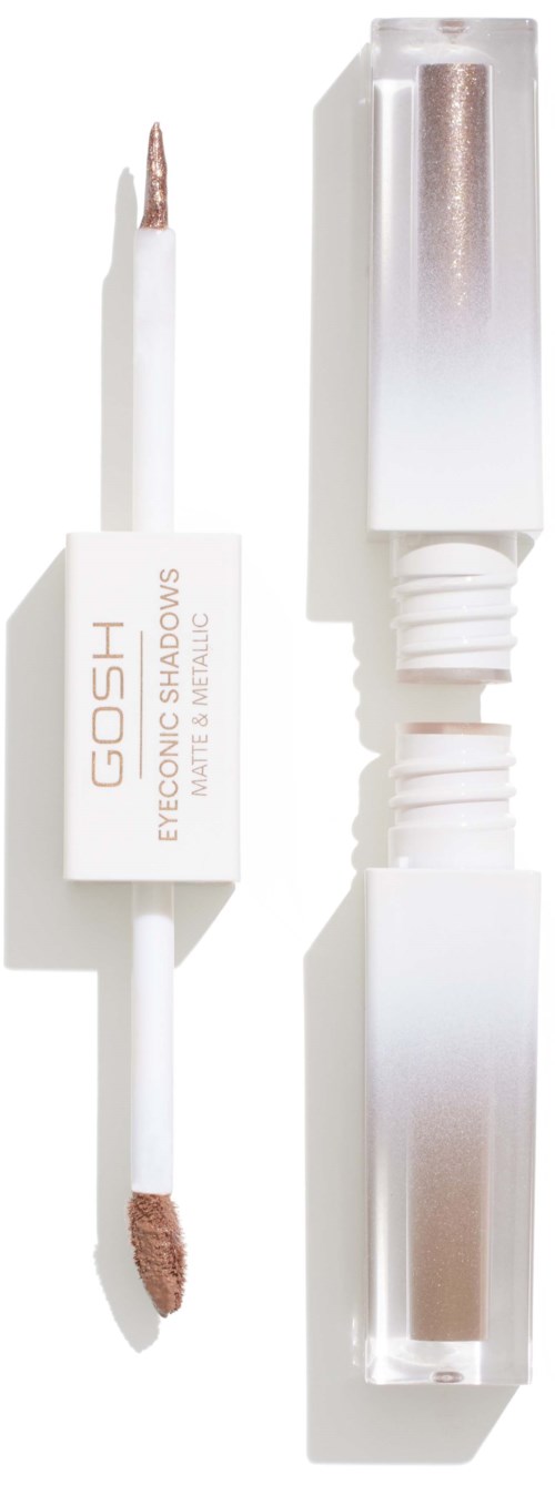 En hvit øyenskyggeglansrør med sølvhette og en liten hvit applikatorstang med brunt gloss.