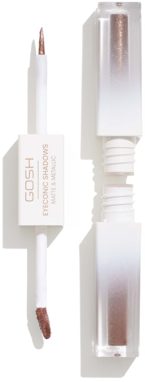 Ett vitt kosmetikaprodukt med en pensel och ett genomskinligt lock, märkt 'GOSH VEGAN CREAM SHADOW' för ögonen.