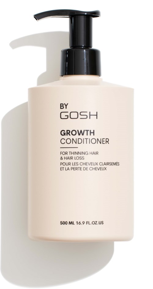 Valkoinen pullo mustalla pumpulla, merkinnällä 'GROWTH CONDITIONER' ohentuneeseen hiukseen ja hiustenlähtöön.