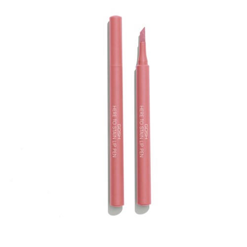 A pink lip pen with a cap and flexible tip for lining lips.