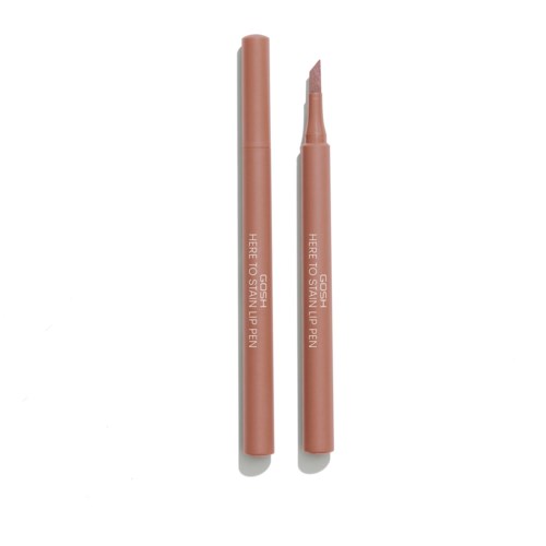 Two brown lip pens, one with a cap and one with the lid removed showing the tip.