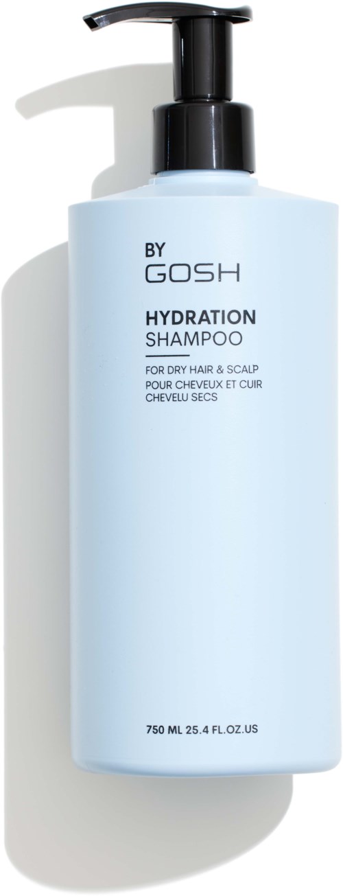 Vaaleansininen pullo mustalla pumpulla, etiketti "HYDRATION SHAMPOO", kuiviin hiuksiin ja päänahkaan, 750 ml.