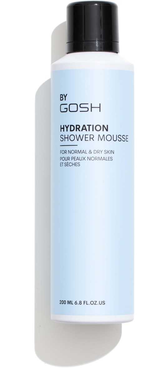 En vit flaska med svart lock märkt 'Hydration Shower Mousse' för normal och torr hud.