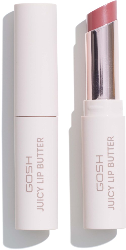Valkoinen huulipuna-tyyny, jossa näkyy vaaleanpunainen huulipuna, merkinnällä "GOSH JUICY LIP BUTTER."