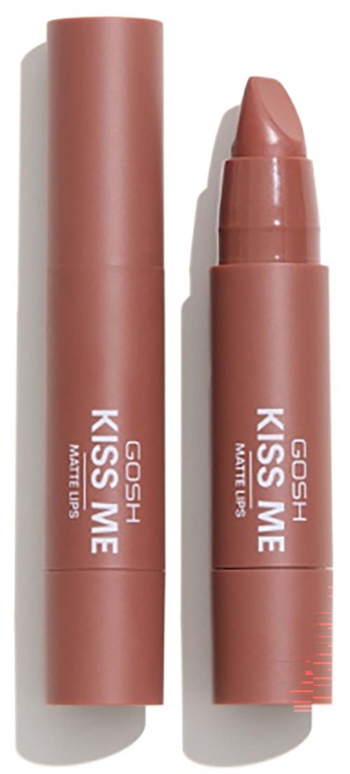 A lipstick with a matching cap, in a soft pink color, has text on it saying GOSH KISS ME.