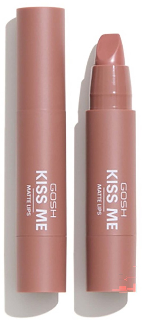 A pink lipstick with label GOSH KISS ME and a matching tube displayed side by side.