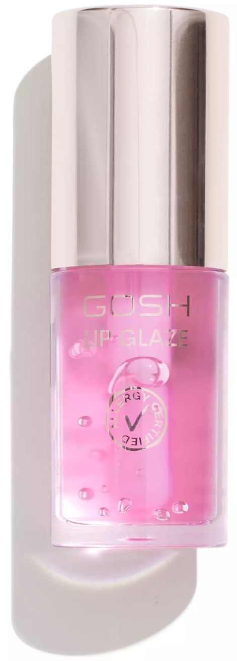 A small pink nail polish bottle with a silver cap, labeled GUSH UP & GLAZE.