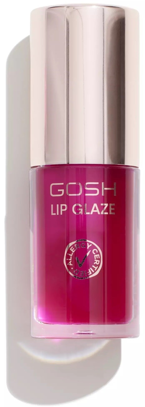 A pink lip gloss bottle with a silver cap, labeled 'GOSH Lip Glaze'.