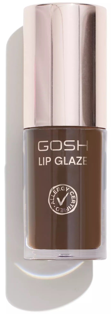 A brown lip gloss tube with a shiny silver cap, labeled GOSH Lip Glaze, standing upright.