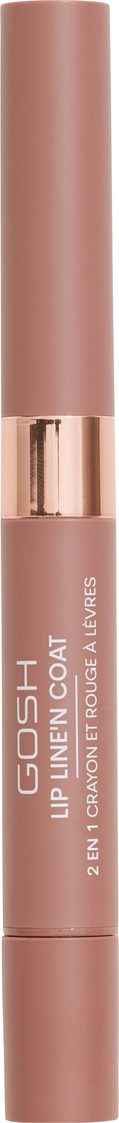 Pink pen-shaped tube with gold band, labeled GOSH Lip Gloss, Eco-Refill & Always On, 2-in-1, color beige.