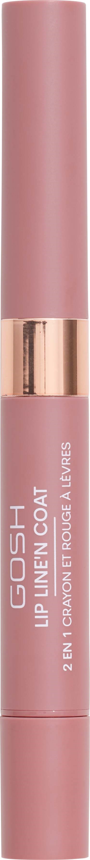 A pink lip gloss tube with a gold band and white text on the side.