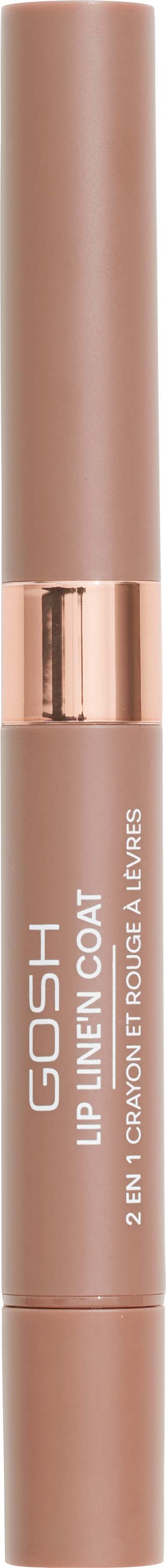 En läpppenna i beige färg med roségulddetaljer, märkt GOSH, för att markera läppar.