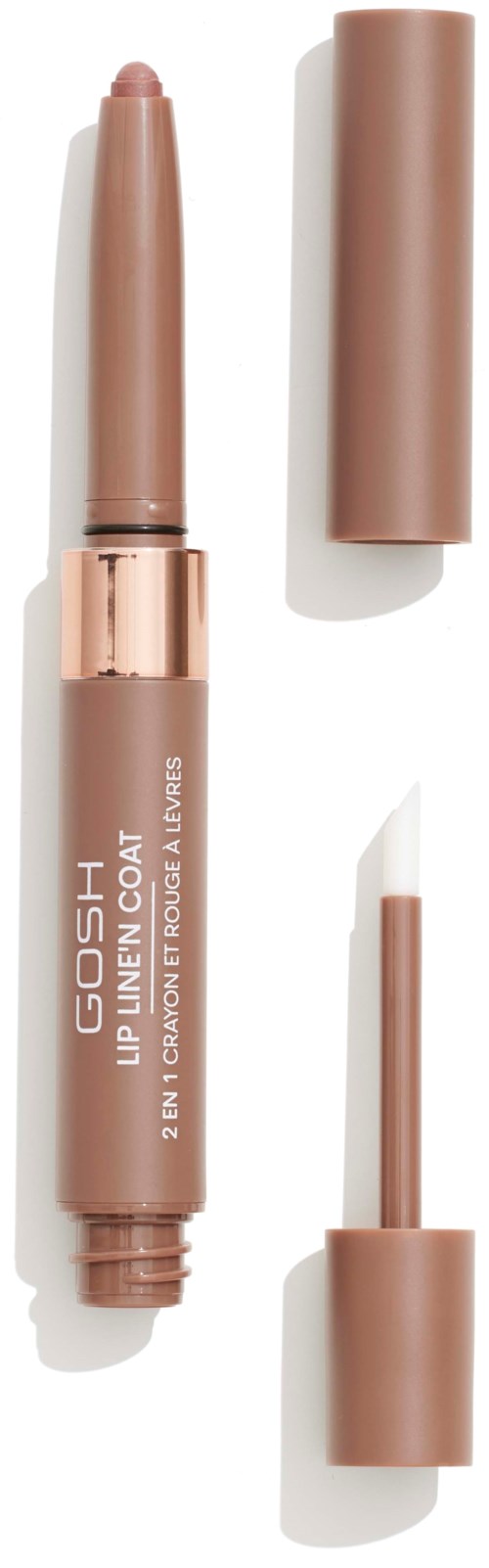 En beige flytande läppglans med en roségoldkapsel och en vit applikator. Märket och produktdetaljerna står på tuben.