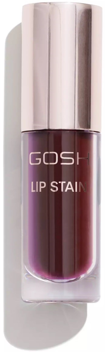 Huulikiilto lasipullossa hopeanhohtavalla korkilla. Teksti pullossa sanoo "GOSH LIP STAIN."