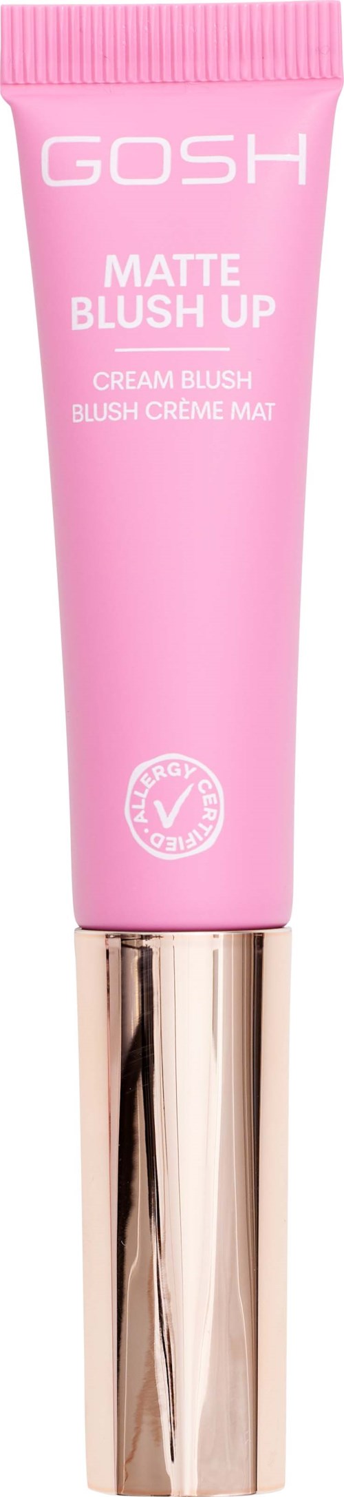 En lyserød tube med GOSH Matte Blush Up creme blush med guldhætte.