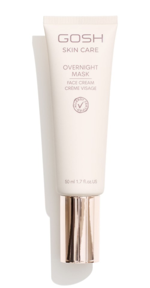 A white tube with a rose gold cap, labeled GOSH Skin Care Overnight Mask for face, 50 ml.