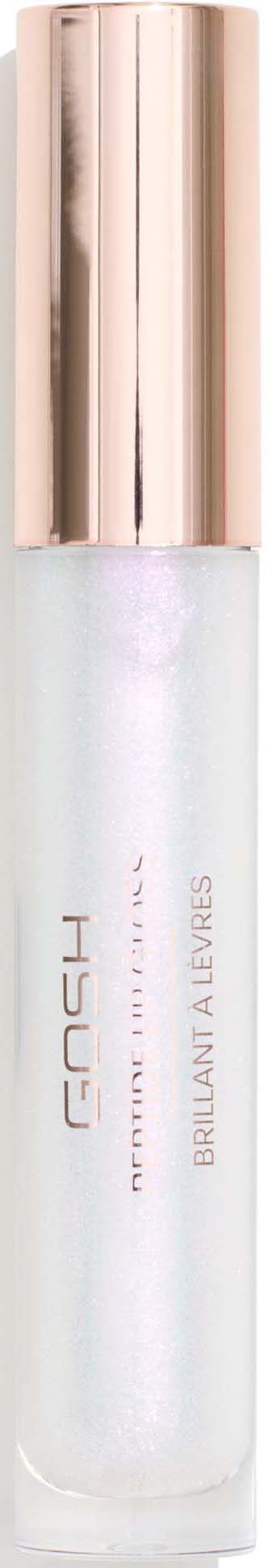 Een witte fles met een glanzende, gouden dop, gemarkeerd 'GOSH Brightening All-Over Stay.'