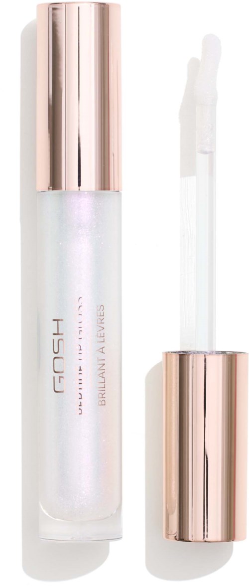 Lippen gloss met metallic roze deksel en witte tube. Deksel is glanzend en reflecterend. Applicator stift zichtbaar.