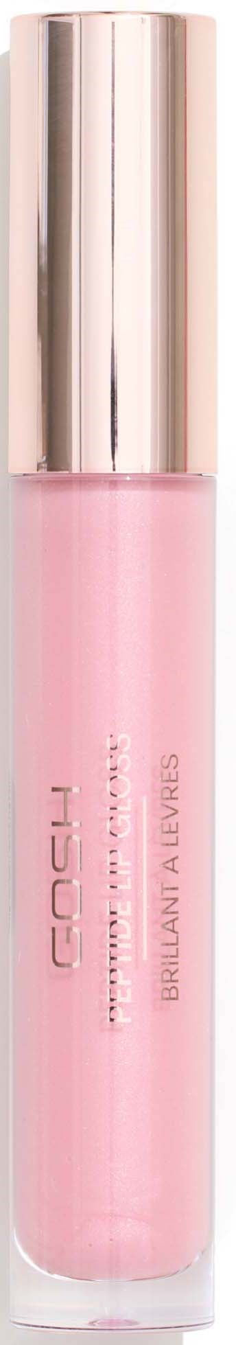 Een roze lipgloss met een glanzende zilveren dop en merknaam op het flesje.