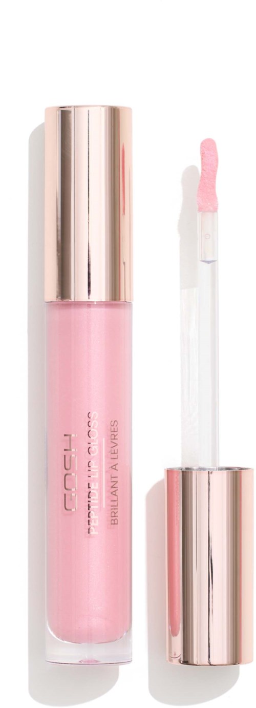 Roze lipgloss met een glanzende zilveren dop en applicatorborstel. Het is gemerkt "COOL."
