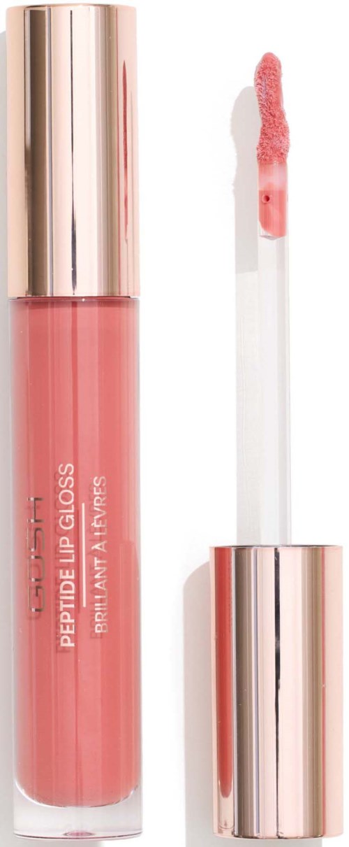 Een roze lipgloss in een doorzichtige tube met een rosegoud deksel en applicator.