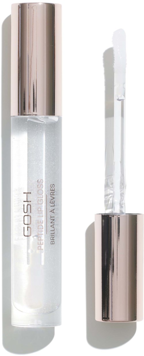Een doorzichtige lipglossfles met een glanzende zilveren dop en een applicator ernaast.