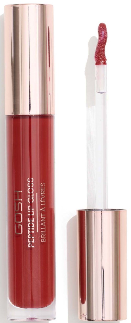 Rood lipgloss in doorzichtige tube met roségouden dop en applicator.