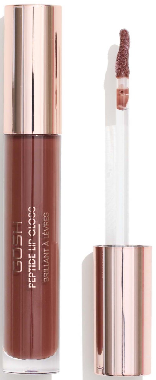 Lipglosshuls met roségoudkleurige dop, doorzichtig lichaam met bruin lipgloss, en een applicator met gloss.