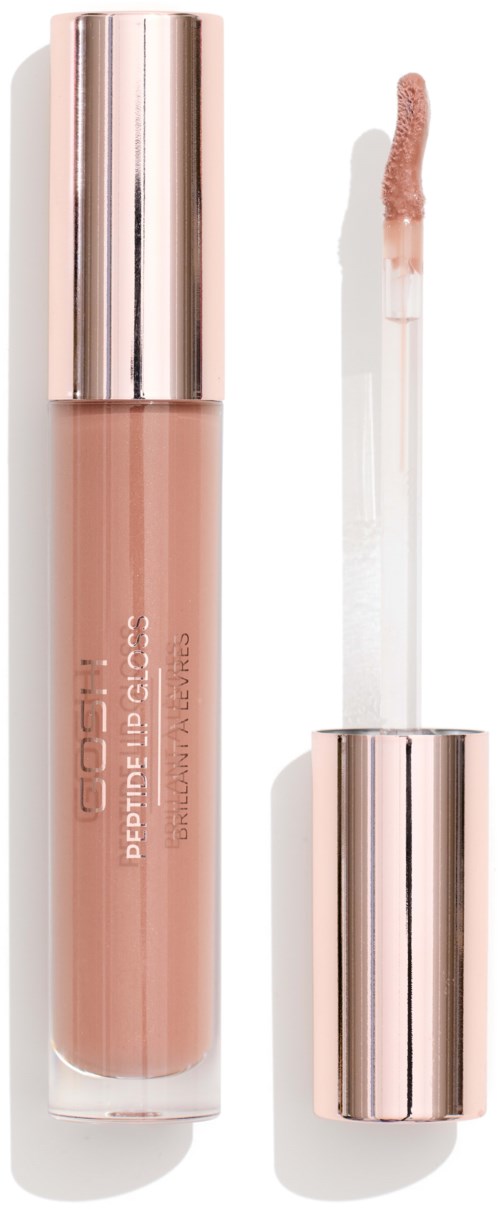 Een nudekleurige vloeibare lippenstift in een doorzichtige tube met zilverkleurige dop en applicator.