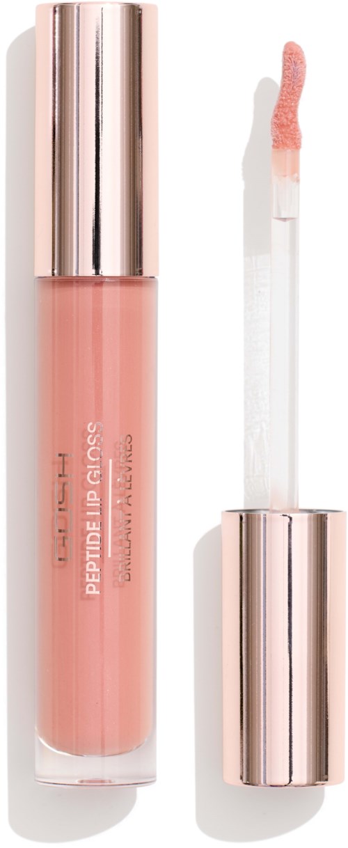 Een perzikkleurige vloeibare lipgloss in een doorzichtige tube met een glanzende metalen dop en applicator.