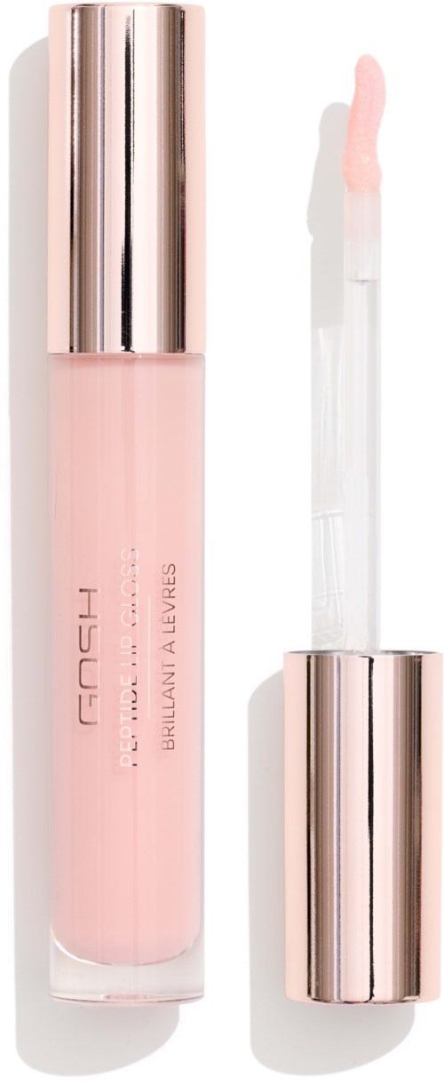 Een roze vloeibare lippenstift in een doorzichtige tube met een glanzende metallic dop en applicator kwast. Het merk is zichtbaar op de tube.