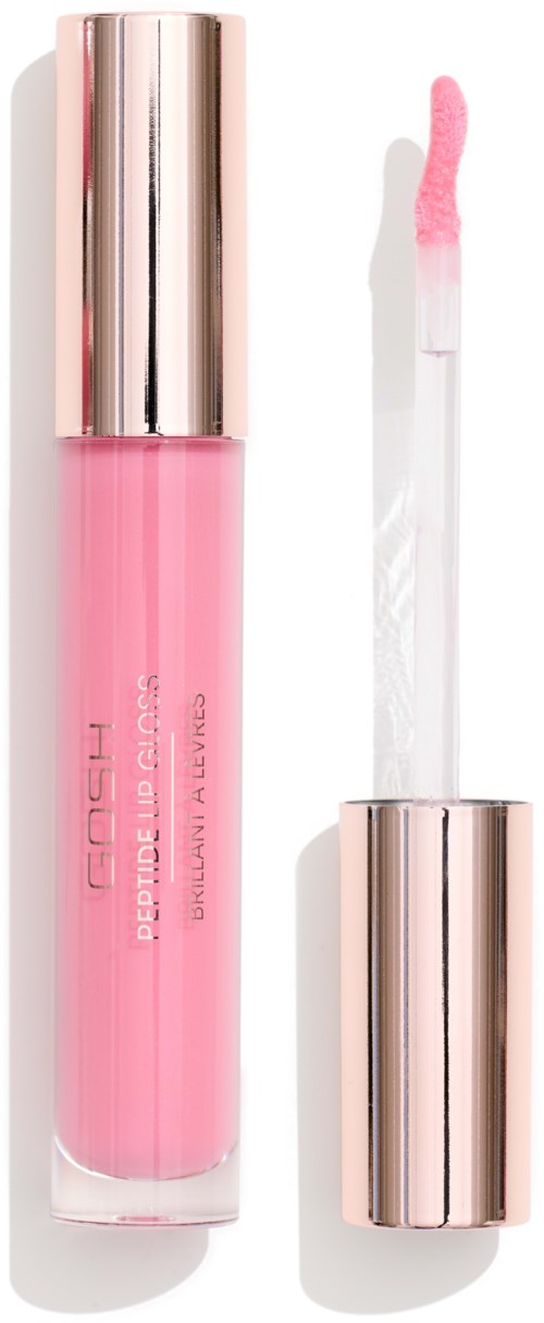 Roze lipglossfles met een glanzende metalen dop en applicatorspons.