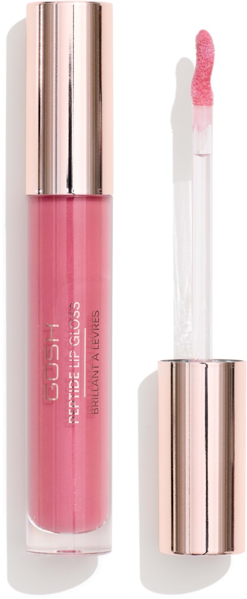 En rosa läppglansflaska med silverlock och applikator med rosa gloss.