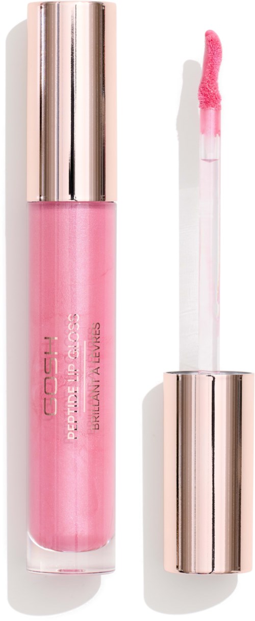 Een roze lipglossfles met een glanzende zilveren dop, die de applicator met roze glans toont.