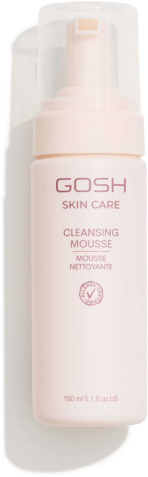 Eine pink-weiße Flasche mit GOSH Hautpflege Reinigungsschaum mit Pumpe und Etikett.