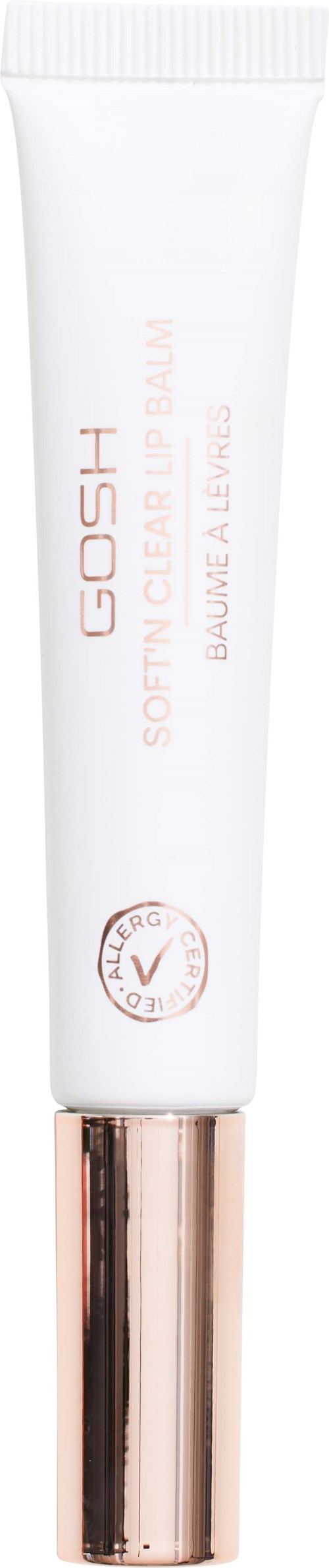 Ein weißer Tuben mit goldener Kappe, gekennzeichnet GOSH Soothing Face Balm mit Baume Alvays, für Hautpflege.