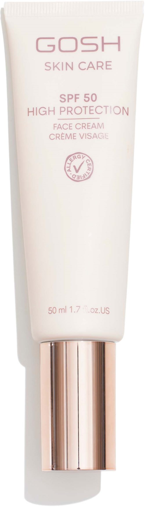 Valkoinen tuubi kasvorasvalla, jossa on uniikki nupukorkinruskea korkki ja teksti GOSH Skin Care SPF 50, korkean suojan.