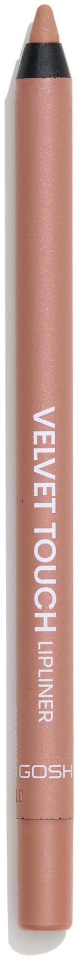 En penneformet sminkeprodukt merket 'Velvet Touch' og 'Lipliner' i en rosa nude farge.